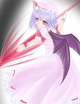  1girl amicis bat_wings blue_hair dress female gradient gradient_background hat highres red_eyes remilia_scarlet solo touhou white_background wings 