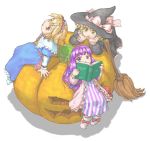  3girls 7b_(tensei_shuuseki) alice_margatroid arm_support blonde_hair book broom chin_rest dress female from_above hat kirisame_marisa multiple_girls open_mouth patchouli_knowledge pumpkin purple_hair reading red_eyes sitting touhou violet_eyes witch_hat yellow_eyes 