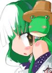  1girl blush chibi detached_sleeves female frog hair_ornament hat kochiya_sanae open_mouth profile solo tao tao_(kadoya) touhou upper_body 