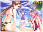  3girls :p banpresto beach bikini blue_hair breasts brown_hair cleavage closed_eyes kusuha_mizuha medium_breasts minaki_tomine multiple_girls ocean pink_eyes pink_hair ponytail selena_recital selena_reshtal short_hair small_breasts super_robot_wars swimsuit the_3rd_super_robot_wars_alpha tongue tongue_out umbrella violet_eyes wallpaper 