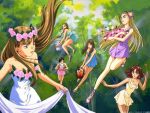  6+girls 90s asymetrical_bob_cut blue_eyes brown_hair catherine_bloom crown dorothy_catalonia dress eyebrows fairy flower forest gundam gundam_wing hair_slicked_back hat head_wreath jpeg_artifacts lady_une long_hair lucrezia_noin multiple_girls murase_shuko nature relena_peacecraft sally_po wand wings 