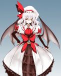  1girl alternate_costume bat_wings bridal_gauntlets dress elbow_gloves female gloves gradient gradient_background hat kuronishiki red_eyes remilia_scarlet solo takaharu touhou white_hair wings 