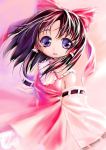  1girl bow brown_hair collar detached_sleeves dress female hair_bow hair_tubes hakurei_reimu long_sleeves looking_at_viewer pink_background red_dress ribbon-trimmed_sleeves ribbon_trim short_hair simple_background solo touhou violet_eyes 
