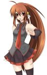  bare_shoulders brown_hair detached_sleeves little_busters!! long_hair masayu miniskirt natsume_rin necktie parody red_eyes skirt thigh-highs vocaloid zettai_ryouiki 