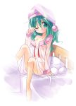  1girl bare_legs barefoot bed blush breasts camisole female green_hair hat kazami_yuuka kazami_yuuka_(pc-98) legs long_hair lotus_land_story nightcap nightgown no_bra no_panties off_shoulder one_eye_closed pajamas rubbing_eyes see-through sitting sleepy small_breasts solo tears touhou touhou_(pc-98) transparent untied wink wiping_tears youkai 