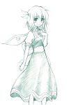  1girl a_utopia daiyousei fairy_wings female green hair_ribbon hand_on_own_chest hirase_yuu monochrome ribbon short_hair sigh sketch smile solo the_embodiment_of_scarlet_devil touhou wings 