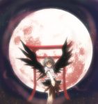  1girl black_wings fan female haon looking_at_viewer moon night red_eyes red_moon shameimaru_aya solo torii touhou wings 