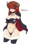  1girl breast_hold breasts cape cleavage collar copyright_request demon devil highres horns large_breasts long_hair oekaki onija_tarou red_eyes redhead skull solo thigh-highs 