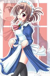  1girl apron blush brown_hair dress folded_ponytail hayate_no_gotoku! kuragi_(moon) maid maid_apron maria_(hayate_no_gotoku!) ringkilling skirt skirt_lift solo thigh-highs 