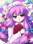  1girl blue_bow book bow expressionless female long_hair manji_taba patchouli_knowledge pink_bow purple_hair solo touhou violet_eyes 