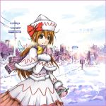  1girl artist_name cellphone city dated female fur_trim headgear lily_white mantelet mittens phone power_lines ribbon scarf signature snow solo st06 touhou watermark 