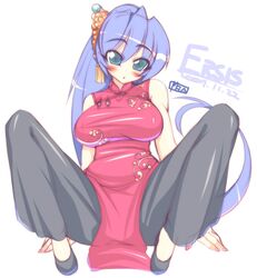  1girl blue_eyes blue_hair blush breasts dress ersis large_breasts long_hair mel/a nail_polish original pink_nails ponytail solo spread_legs very_long_hair vietnamese_dress 