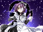  1girl animal_ears apron blush bow ef eyepatch gothic kamiya_maneki looking_at_viewer maid maid_apron mittens purple_hair rabbit rabbit_ears shindou_chihiro shindou_kei short_hair snow snowing solo yellow_eyes 