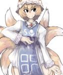  1girl animal_ears blonde_hair dress female fox_tail hat long_sleeves looking_to_the_side multiple_tails smile solo surcoat tail touhou white_background white_dress yakumo_ran 