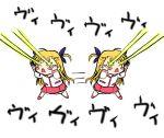  1girl blonde_hair chibi eye_beam glowing glowing_eyes long_sleeves lyrical_nanoha mahou_shoujo_lyrical_nanoha mahou_shoujo_lyrical_nanoha_strikers red_skirt saki_chisuzu simple_background skirt vivio white_background yellow_eyes 