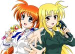  2girls absurdres alternate_weapon artist_request bardiche blonde_hair fate_testarossa female highres karaoke lyrical_nanoha mahou_shoujo_lyrical_nanoha_strikers military military_uniform multiple_girls music raising_heart side_ponytail singing source_request takamachi_nanoha uniform weapon 