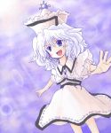  1girl :d blue_eyes blue_hair collar dress female foreshortening frills hat merlin_prismriver open_mouth outstretched_arms purple_background silver_hair simple_background smile solo standing tate_eboshi touhou wavy_hair white_dress 
