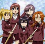  azuma_satori bamboo_blade chiba_kirino highres kawazoe_tamaki kuwahara_sayako miyazaki_miyako school_uniform serafuku shinai sword weapon 