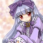  1girl 3.1-tan bangs blunt_bangs blush bow bowtie dd_(ijigendd) dress hair_bow long_hair looking_at_viewer number os-tan purple_bow purple_dress red_eyes silver_hair solo upper_body very_long_hair 