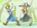 2girls :d alice_margatroid apron blonde_hair boots braid brown_boots female full_body hat kirisame_marisa knee_boots long_hair multiple_girls open_mouth outdoors plant puffy_short_sleeves puffy_sleeves short_hair short_sleeves single_braid smile touhou tree waist_apron walking witch_hat 