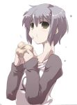  1girl baozi eating food hair_bun nagato_yuki nikuman raglan_sleeves short_hair simple_background solo suzumiya_haruhi_no_yuuutsu tokyo_(great_akuta) upper_body white_background 