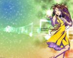  1girl 90s aa_megami-sama belldandy blue_eyes bracelet brown_hair dress facial_mark forehead_mark jewelry long_hair microphone musical_note ponytail ring solo staff_(music) treble_clef wallpaper 