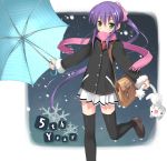  1girl bag coat green_eyes kantoku long_hair original purple_hair scarf school_bag school_uniform serafuku skirt snow snowflakes snowing solo stuffed_animal stuffed_cat stuffed_toy thigh-highs umbrella very_long_hair zettai_ryouiki 