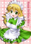  1girl :d alternate_costume apron blonde_hair breasts dress enmaided green_dress green_eyes hoshii_miki idolmaster itsuki_sayaka large_breasts long_hair looking_at_viewer maid maid_apron maid_fairy_tale maid_headdress open_mouth smile solo 