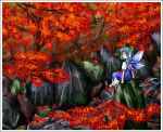  1girl autumn autumn_leaves blue_dress blue_eyes blue_hair cirno day dress falling_leaves from_behind ice ice_wings looking_at_viewer looking_back outdoors puffy_short_sleeves puffy_sleeves rock sakaki_soshi shoot_the_bullet short_hair short_sleeves sitting solo touhou wings 