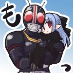  00s :&lt; akaneya antennae blue_hair carrying chibi crossover kamen_rider kamen_rider_black kamen_rider_black_(series) len lowres pointy_ears princess_carry red_eyes tsukihime 