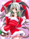  1girl bare_shoulders bat_wings bell breasts christmas cleavage demon_girl demon_tail dress earrings english fur_trim gloves green_eyes green_hair hat horns jewelry jpeg_artifacts large_breasts long_hair looking_back merry_christmas nasca ongaku_nasca open_mouth pointy_ears santa_costume short_dress solo standing strapless strapless_dress tail white_gloves wings 