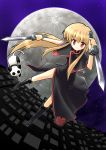  blonde_hair boots cat china_dress chinese_clothes dress long_hair moon night red_eyes sword weapon 
