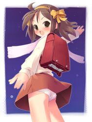  1girl ass backpack bag blush child panties pantyshot pantyshot_(standing) ramble randoseru scarf solo standing suzumiya_haruhi suzumiya_haruhi_(young) suzumiya_haruhi_no_yuuutsu underwear upskirt younger 