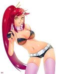  1girl belt bikini bikini_top breasts curvy fingerless_gloves gloves khalitzburg lips long_hair ponytail redhead short_shorts shorts smile solo string_bikini swimsuit tengen_toppa_gurren_lagann thigh-highs very_long_hair yellow_eyes yoko_littner 