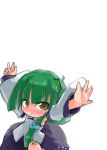  1girl :&lt; arms_up bandaid bandaid_on_knee blush chibi detached_sleeves female frog_hair_ornament green_hair hair_ornament kochiya_sanae leg_up long_hair no_nose outstretched_arms solo spread_arms tao tao_(kadoya) touhou 