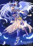  1girl angel_wings armor armored_dress blue blue_background boots braid copyright_name feathers fujimiya_misuzu gauntlets head_wings helmet lenneth_valkyrie long_hair silver_hair single_braid solo sword thigh-highs thigh_boots valkyrie valkyrie_profile violet_eyes weapon wings 