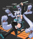  1girl blue_eyes bow cosplay female hair_bow hatsune_miku hatsune_miku_(cosplay) living_hair long_hair lowres mof mof&#039;s_silver_haired_twintailed_girl necktie oekaki original panties silver_hair solo striped striped_panties thigh-highs twintails underwear very_long_hair vocaloid weapon 