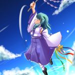  1girl bedrawbox blue_skirt closed_eyes dagger detached_sleeves dual_wielding female flying frog_hair_ornament gohei green_hair hair_ornament holding holding_weapon kochiya_sanae loafers long_sleeves mizushima_kai nontraditional_miko shoes short_hair skirt snake_hair_ornament solo touhou vest weapon 