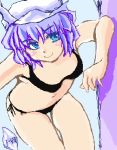  1girl arm_support bikini black_bikini blue_eyes blush_stickers female hat leaning_forward letty_whiterock lowres navel purple_hair short_hair side-tie_bikini simple_background smile solo swimsuit touhou 