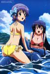  2girls absurdres akabane_kureha ass back beach bikini blue_eyes blue_hair blush bow breast_hold breasts cleavage clouds feet_in_water green_eyes hair_bow hairband happy highres inflatable_raft large_breasts long_hair looking_back megami multiple_girls night_wizard official_art outdoors partially_submerged scan shiho_elis short_hair side-tie_bikini sky smile soaking_feet straddling striped striped_bikini striped_swimsuit submerged swimsuit very_long_hair wakayama_masashi water wet 