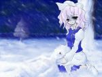  1girl corpse female hat kneeling lapel_pin letty_whiterock pale_skin purple_hair snow snowing solo touhou ugatsu_matsuki 