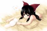  1girl black_hair bow cat female futon hair_bow hair_tubes hakurei_reimu naked_sheet nude pillow red_bow sakuraba_yuuki sidelocks solo touhou under_covers upper_body 