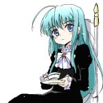  1girl ahoge anzelotte aqua_hair black_dress blue_eyes dress eyebrows eyebrows_visible_through_hair juliet_sleeves long_hair long_sleeves looking_at_viewer lowres night_wizard puffy_long_sleeves puffy_sleeves saucer sitting solo throne yuugiri yuugiri_(artist) 