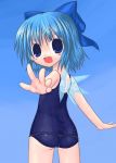  1girl ass blue_eyes blue_hair blush bow chibi cirno fang foreshortening from_behind gradient gradient_background hair_bow looking_back oekaki one-piece_swimsuit open_mouth outstretched_arm outstretched_arms outstretched_hand reaching school_swimsuit short_hair solo spread_arms swimsuit touhou wings 