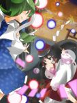  2girls action autumn_leaves battle bk black_hair bow danmaku detached_sleeves duplicate female gohei green_eyes green_hair hair_bow hair_ornament hair_tubes hakurei_reimu kochiya_sanae long_hair lowres mountain_of_faith mudo_(saji) multiple_girls torii touhou yin_yang 