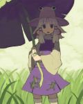  1girl blonde_hair female field grass hat iwamoto_james leaf_umbrella long_sleeves moriya_suwako nature no_nose outdoors short_hair skirt skirt_set solo thigh-highs touhou umbrella violet_eyes white_legwear wide_sleeves 