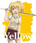  bamboo_blade blonde_hair blush chiba_kirino nyazui red_eyes school_uniform serafuku shinai sword weapon 