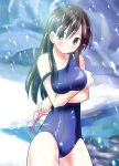  1girl brown_eyes brown_hair cold glasses long_hair morimi_ashita one-piece_swimsuit school_swimsuit snow snowing solo standing swimsuit ui_ui_days 