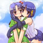  2girls 98-tan 98se-tan between_legs blue_eyes blue_hair blush bob_cut dd_(ijigendd) elbow_gloves food fruit gloves hair_bobbles hair_ornament hairpin hand_between_legs hug latex latex_gloves multiple_girls neckerchief os-tan pleated_skirt ponytail school_uniform serafuku shirt short_hair skirt sleeveless sleeveless_shirt thigh-highs yuri zettai_ryouiki 