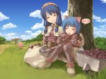  2girls :3 ^_^ acolyte animal_ears blue_hair blue_sky bosshi cat_ears closed_eyes clouds gloves highres merchant merchant_(ragnarok_online) multiple_girls outdoors poring ragnarok_online sitting sky smile tree wheelbarrow yokozuwari 